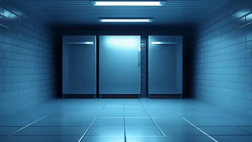 Midnight refrigerators stand guard in a neon tiled corridor
