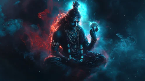 Divine cosmic yogi in blue red ethereal energy field.