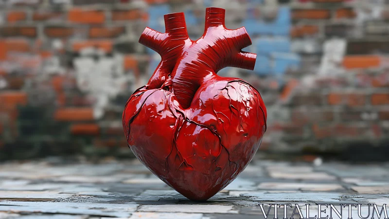 Bold red heart sculpture glowing against worn brick wall.