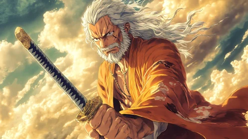 Storm-scarred elder swordsman poised before burning sky.