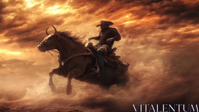 Cowboy racing through a stormlit desert of swirling dust.