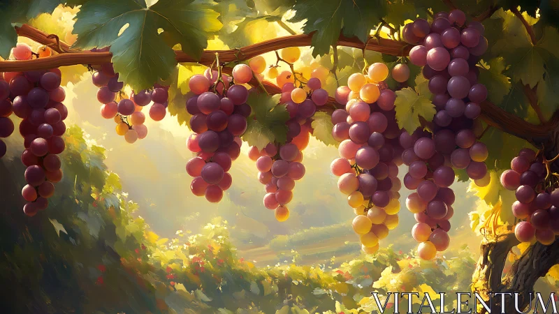 Sunlit vineyard grapes glow warmly in a dreamy garden