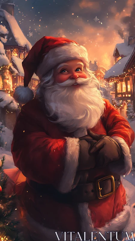 Snowlit Santa portrait in glowing festive village street.