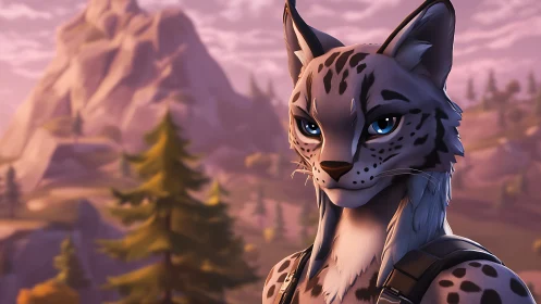 Confident lynx adventurer gazes across a calm mountain valley