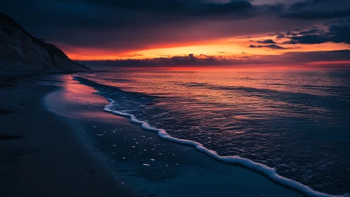 Littoral wavefront under high-saturation maritime sunset sky.