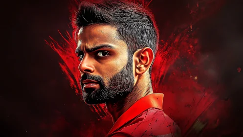 Intense male portrait cuts through vivid red digital splash