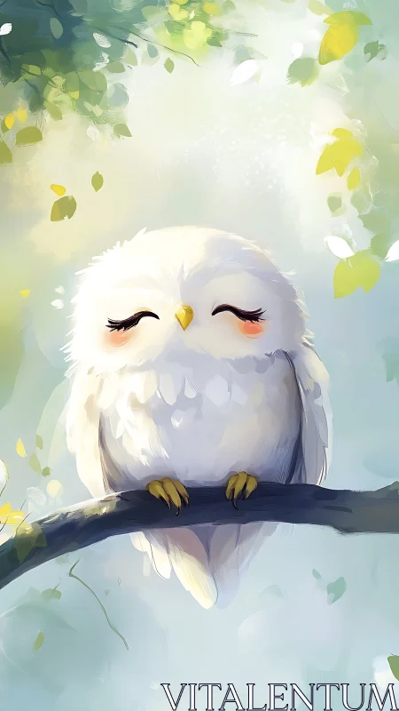 Sleepy dawnlit owl dreaming on a branch of painted light.