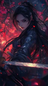 Fierce sword-wielding warrior stands amid burning blossoms.