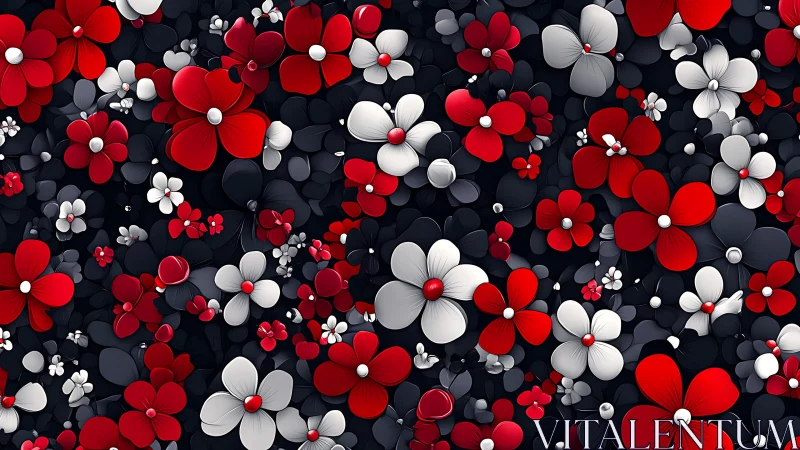 Abstract 3D Floral Composition with Red, White, and Gray Botanical Elements