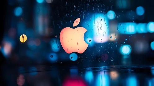 Glowing apple-shaped logo appears behind wet glass surface