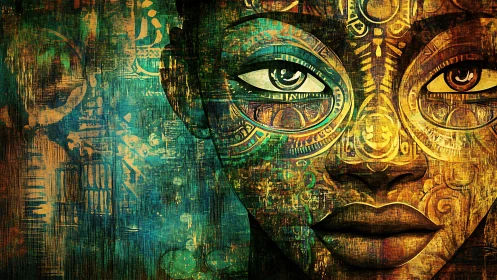 Radiant tribal portrait glows with layered color and calm strength