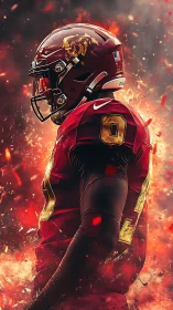 Side profile digital render of football player in flames.