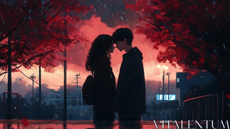 Young couple under red trees at sunset in rain.