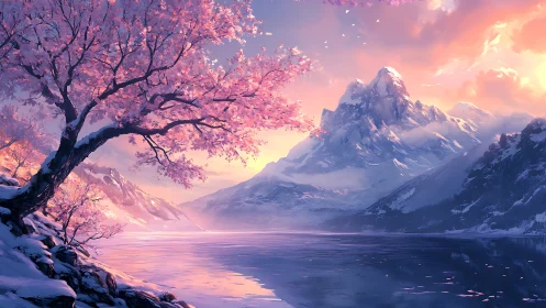 Snowy mountain lake with pink-blossomed tree at sunset.