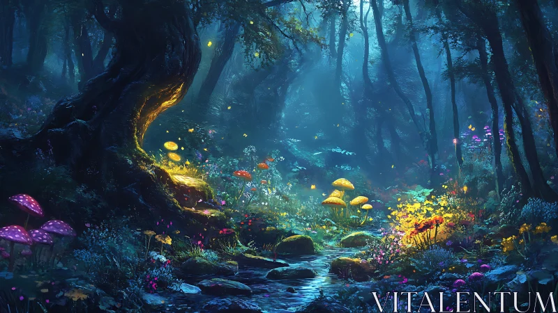 Bioluminescent forest stream with luminous flora and fauna