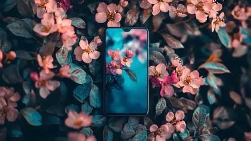 Blossoms Frame Digital Dreams Within Nature.