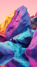 Neon glacier canyon bathing in candy-colored twilight glow.