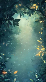 Forest canopy with luminescent particles and foliage.