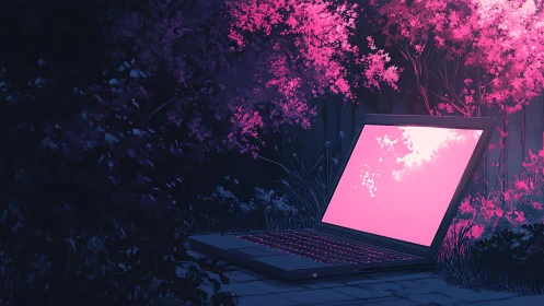 Digital painting of neon laptop under luminous blossom canopy.