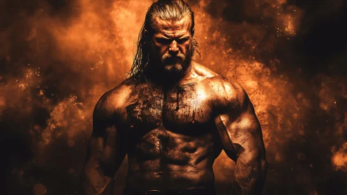 Forged titan emerging from embers in molten amber light.