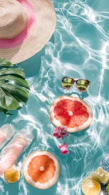 Summer pool flatlay with grapefruit, hat and sunglasses.