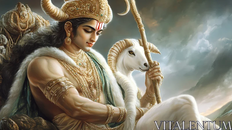 Mythic warrior figure with ram companion and staff outdoors.