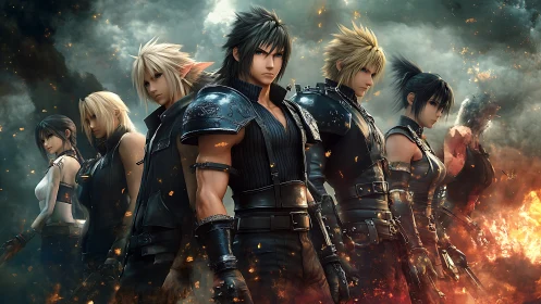 Linearly arrayed fantasy warriors in armor under volumetric smoke