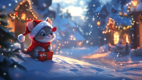 Cozy Christmas mouse with gift in a glowing snowy village.
