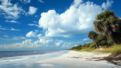 Subtropical Coastal Beach with Palmetto Vegetation and Cumulus Cloud Formation