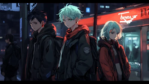 Neon bus stop brood, three nightwalkers in quiet rebellion.