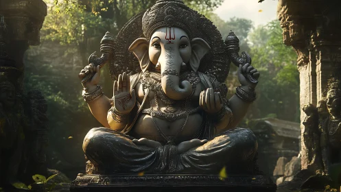 Ganesha stone statue sits in sunlit ruined jungle temple
