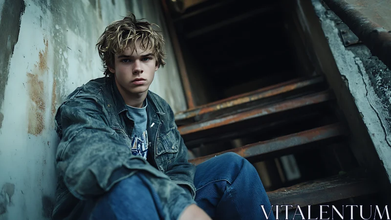 Thoughtful teen resting on worn metal steps outdoors.