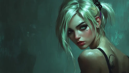 Blonde woman turns back, lit by teal rim light in portrait