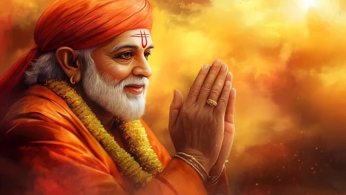 Digital painting of serene guru in orange robes and light-soaked aura.
