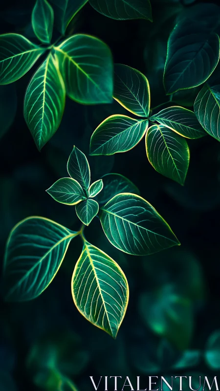 Luminous green leaves against dark botanical backdrop.