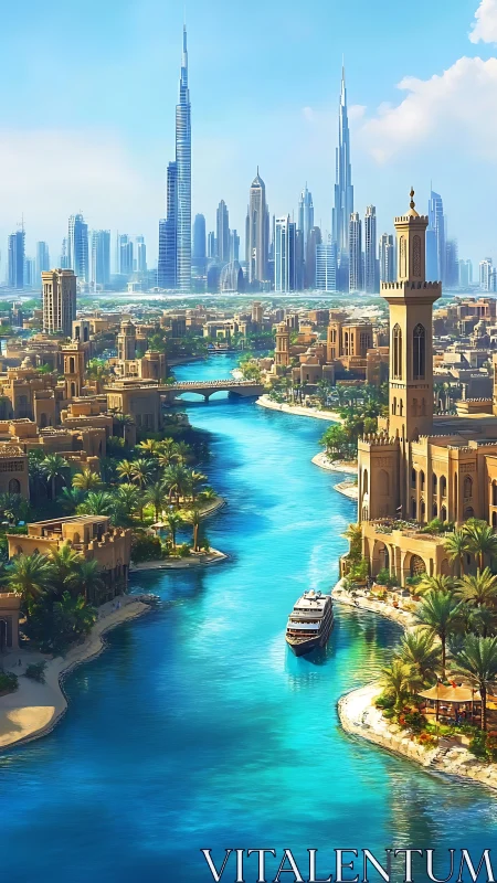 Riverside towers meet futuristic skyline in sunlit oasis.