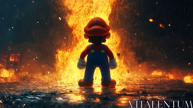 Stylized Character Figure in Explosive Fire Environment