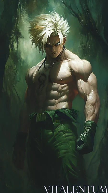 Warrior with white hair stands in brooding forest light.