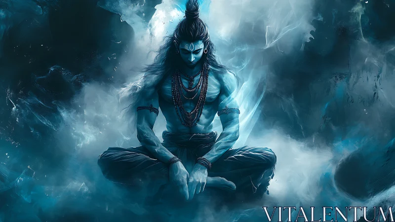 Mystical blue yogi rests in calm meditation amid swirling mist