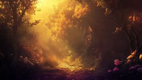 Golden forest path leading toward hidden cottage at dusk.