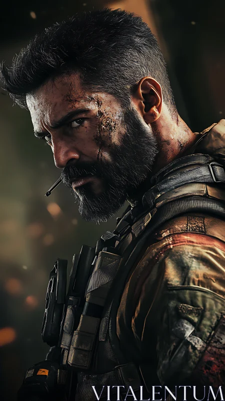 Battle hardened soldier framed in ember lit tension.