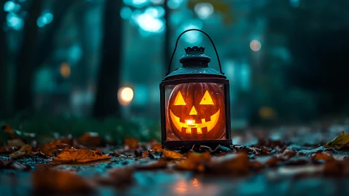 Jack o lantern candle lantern on wet autumn forest path.