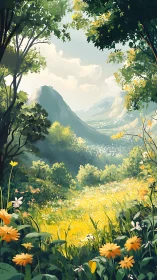 Sunlit wildflower valley cradled by soft green mountains.