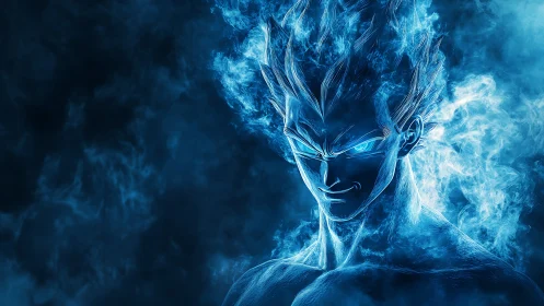 Blue-flame warrior grins within storming spectral energy.