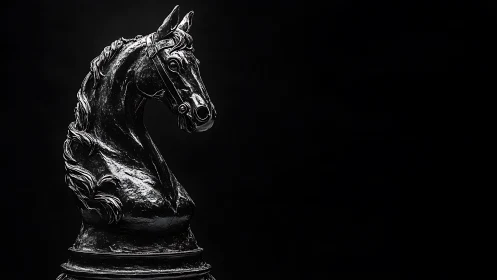 High-contrast black knight chess sculpture with glossy specular surfaces