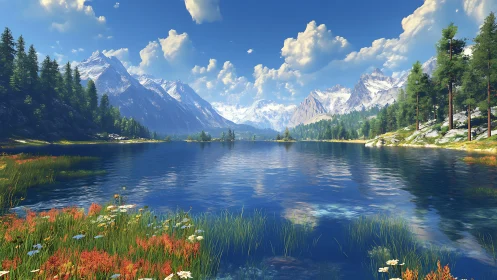 Mountain lake with conifer forest and distant snow peaks.