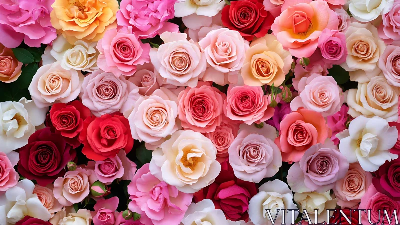 Dense floral arrangement displaying multiple rose varieties in pink, red, white, and peach tones
