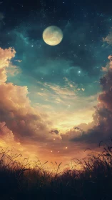 Celestial dusk meadow under luminous moon and volumetric clouds