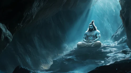 Mystic ascetic meditating in teal-lit cavern environment.