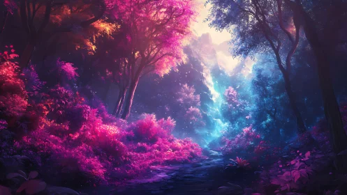 Enchanted forest radiates with neon luminescence through mystical woodland passage